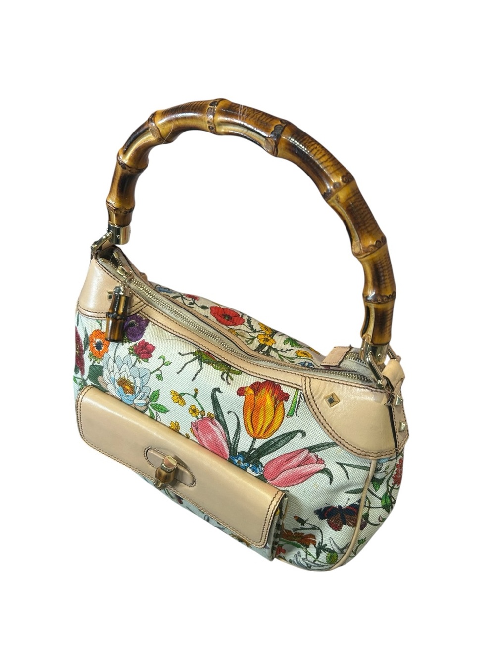 Vintage Y2K Gucci Flora Bamboo Canvas Leather Bamboo Shoulder Bag - Picture 3 of 6